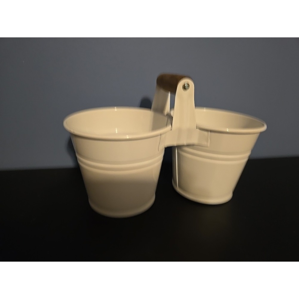 Double flower pot utensil holder Metal White Backets With Wooden Holder